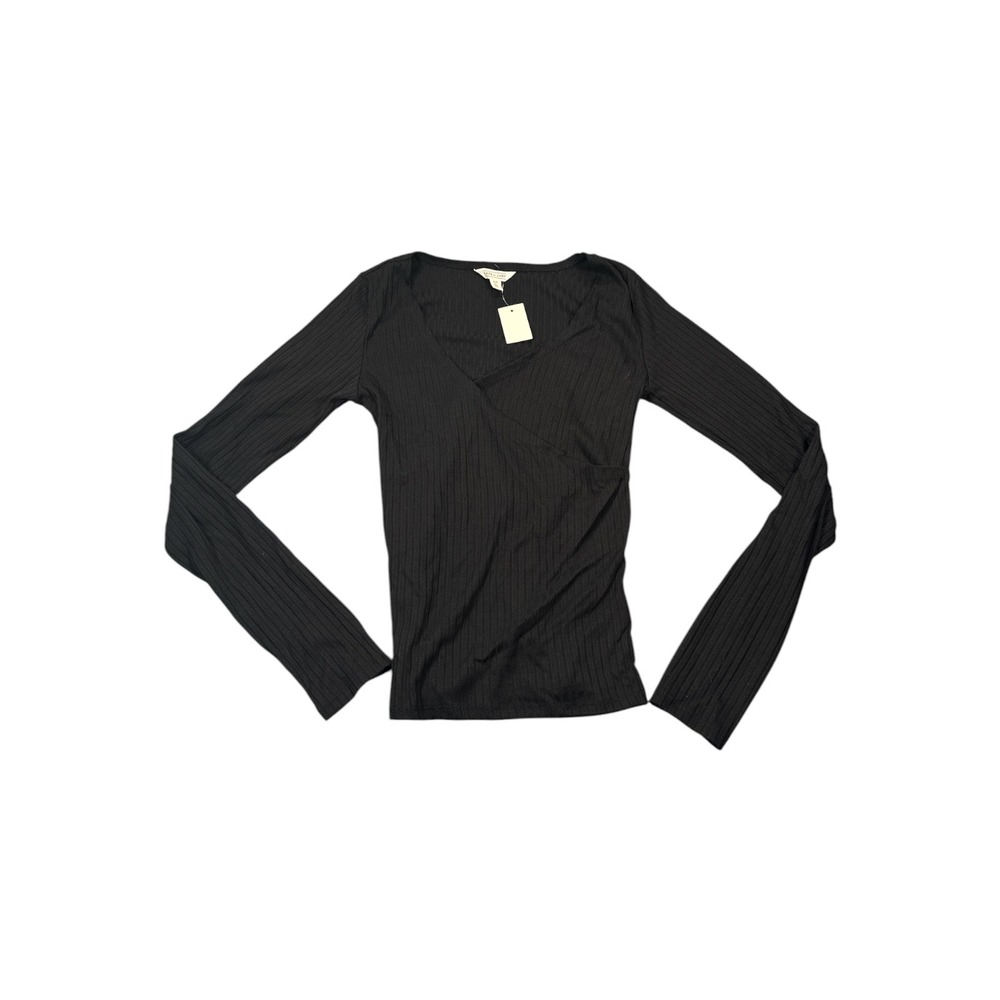 Cape Juby Womens Black Ribbed Faux Wrap V-Neck Long Sleeve Top Size Small